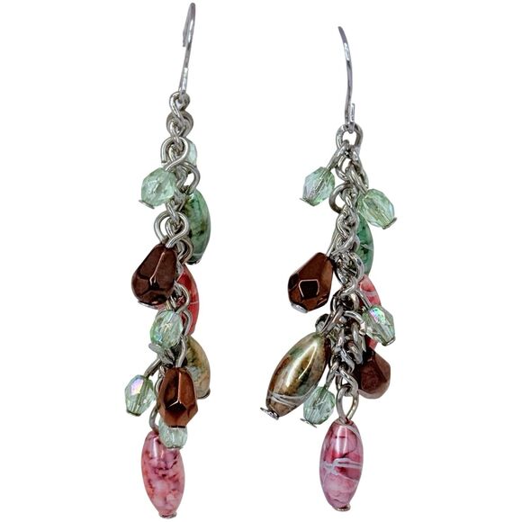 Multi-Colored Art Glass Beaded Cluster Dangle Earrings 2" Silver Tone Boho - Picture 4 of 9